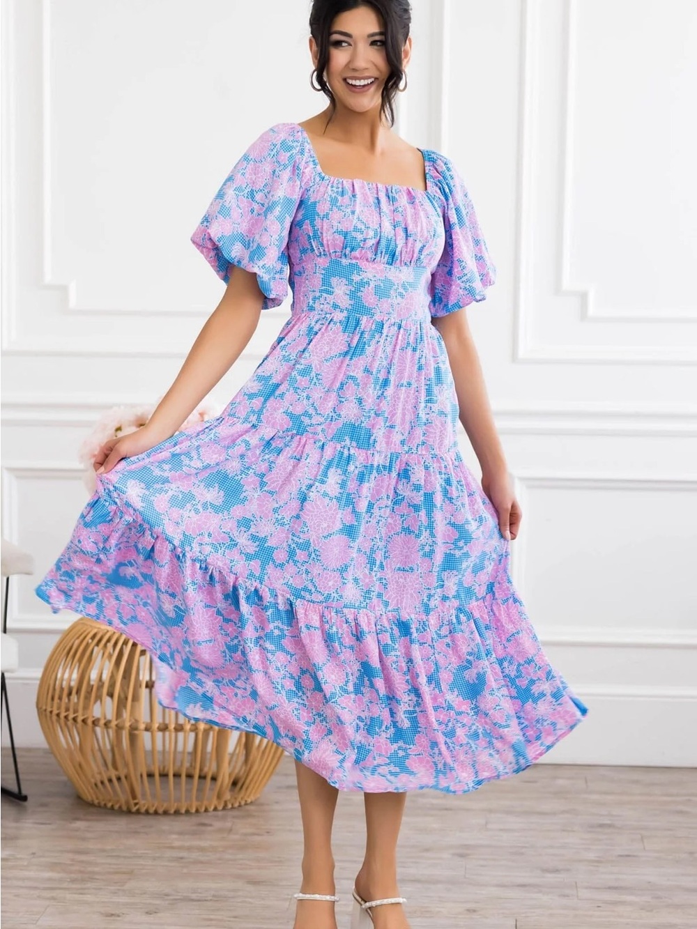 NWT! Shop Stevie size large pink and blue midi dress with puff sleeves